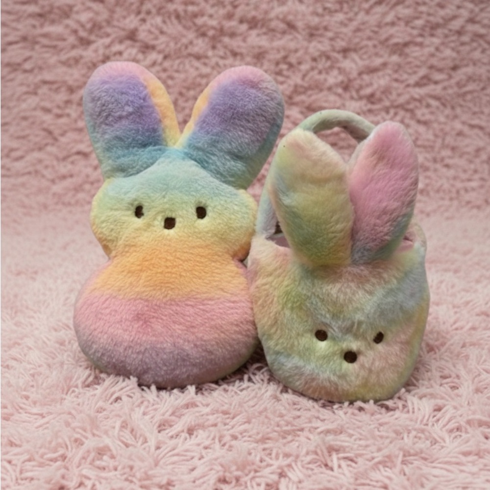 Peeps Plush Bunny & Matching Easter Basket Set - Rainbow Tie-Dye Pastel - Fuzzy